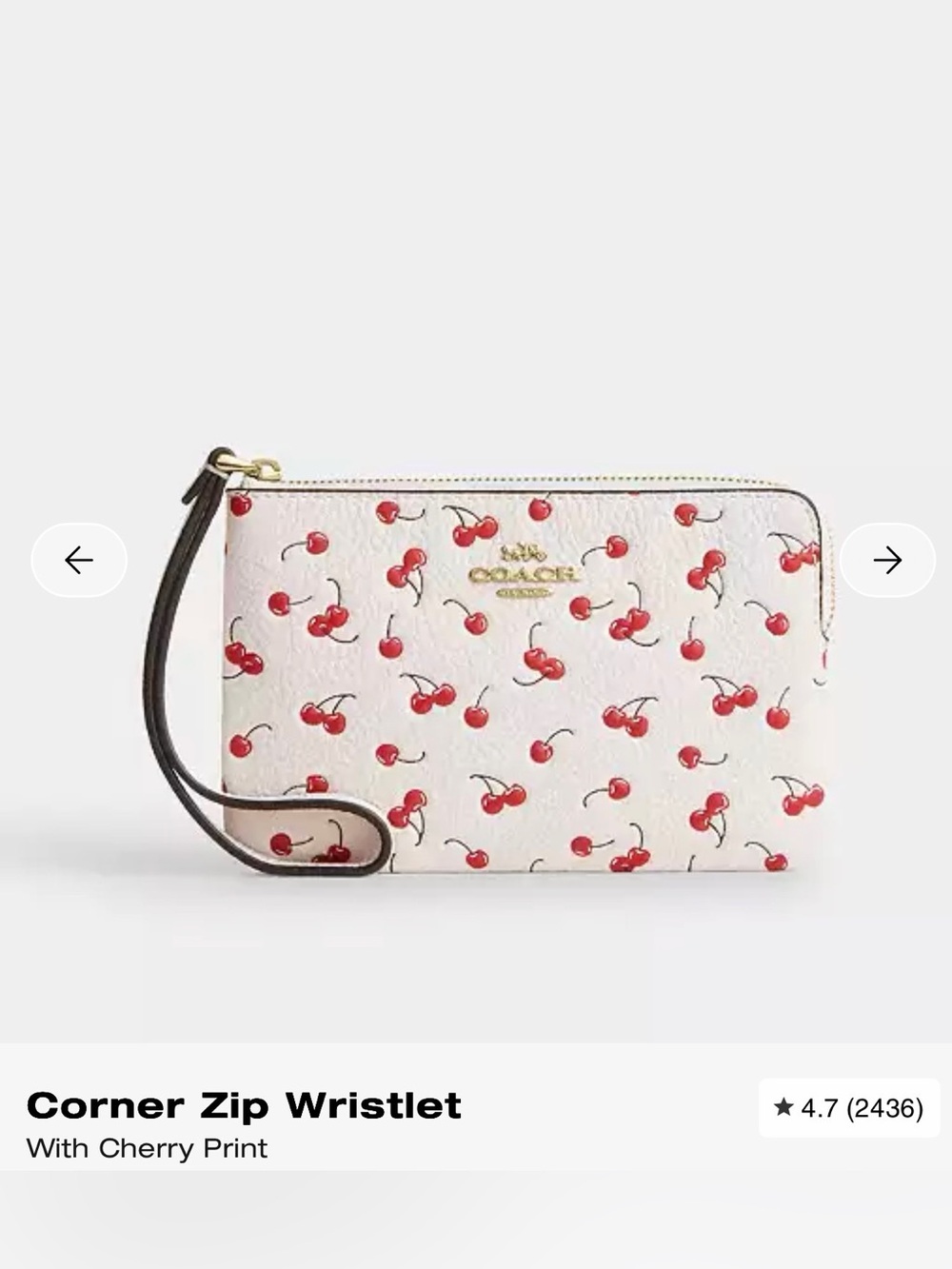 Coach Cream Wristlet with Red Cherry Print and Gold Logo